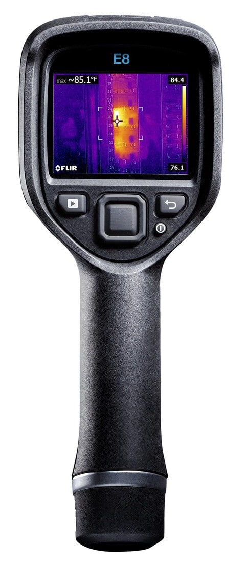 An FLIR E8-XT infrared thermal camera on a white background for infrared training purposes.