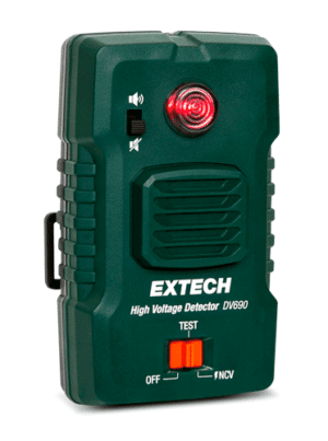 The EXTECH DV690 high voltage alarm is shown in infrared on a white background.