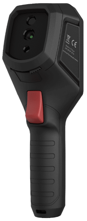 A black and red HIKMICRO B10 infrared laser scanner on a white background.